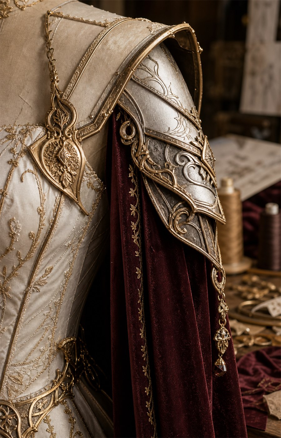 Close-up of ivory and antique-gold armor detail with burgundy velvet cape and handcrafted costume trim.