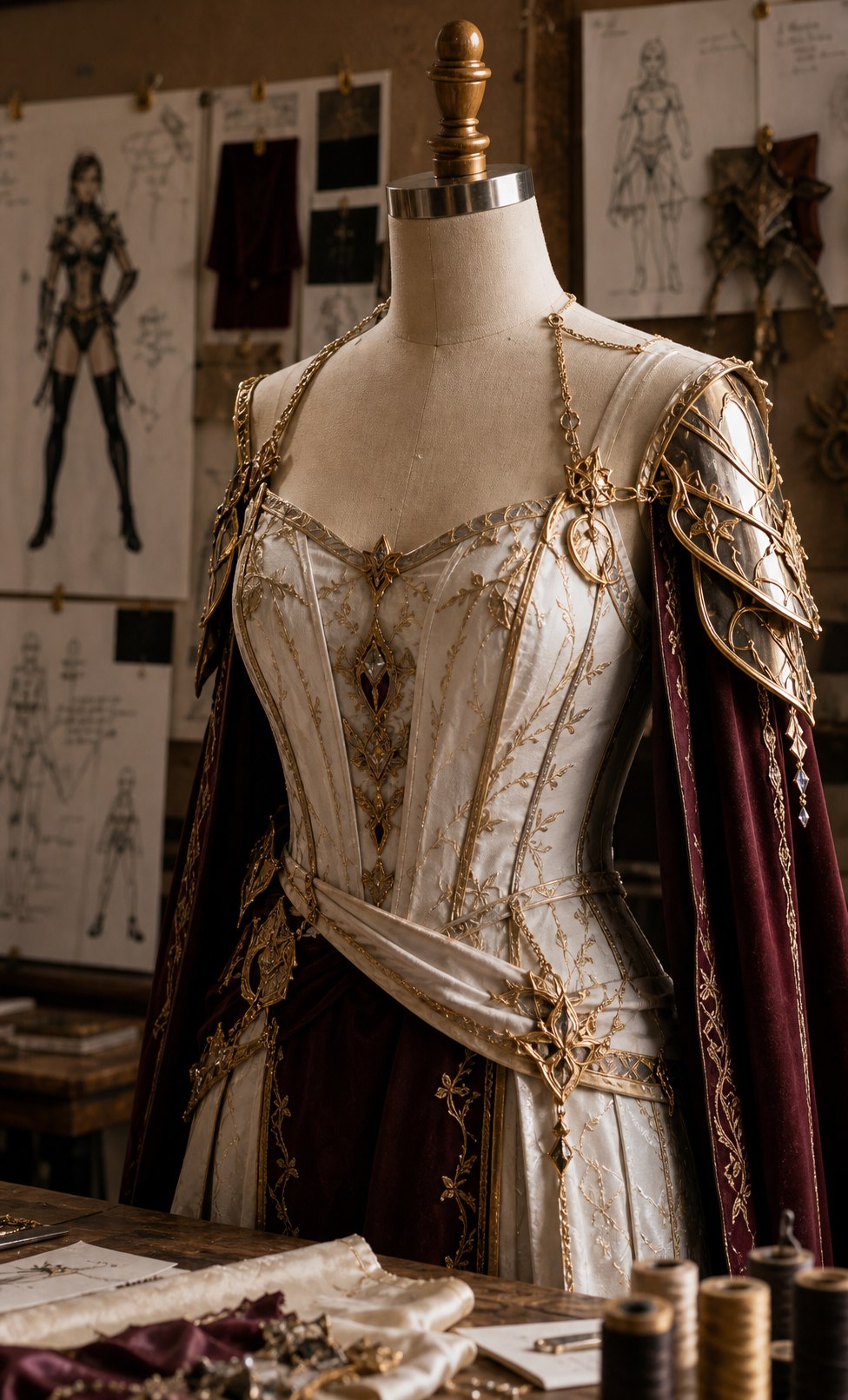 Ivory and antique-gold fantasy cosplay costume on a dress form in a private atelier with character references behind it.