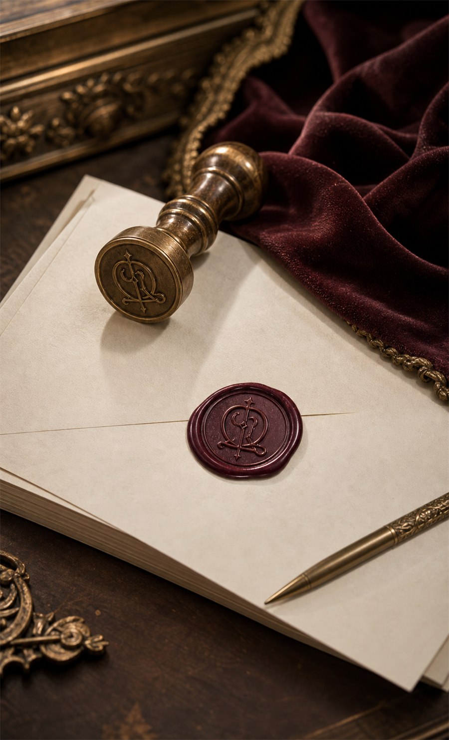 Private proposal paper with burgundy wax seal, antique brass stamp, gold pen, and velvet fabric.