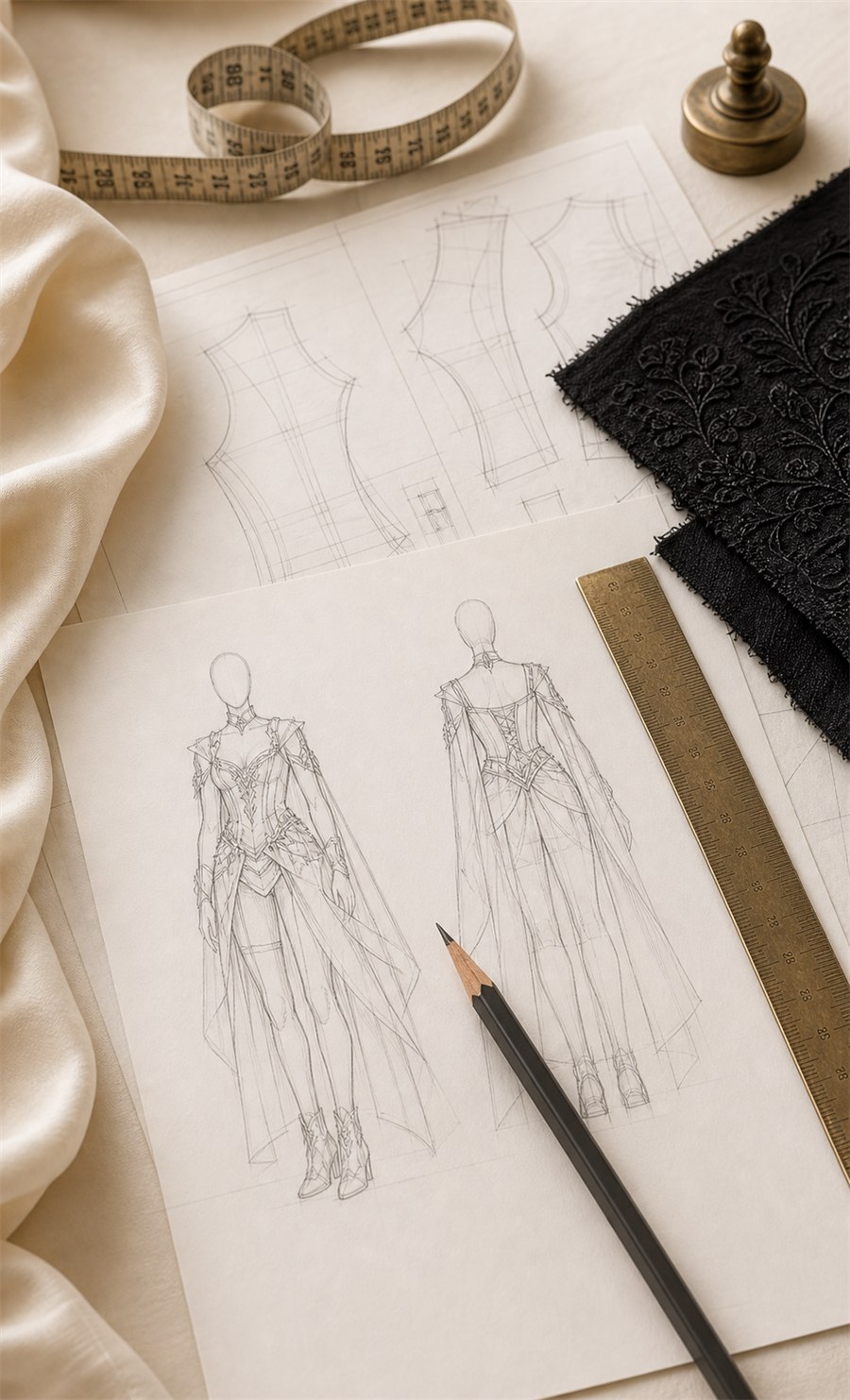 Costume pattern and silhouette sheets with pencil, measuring tape, black fabric swatch, and brass ruler.