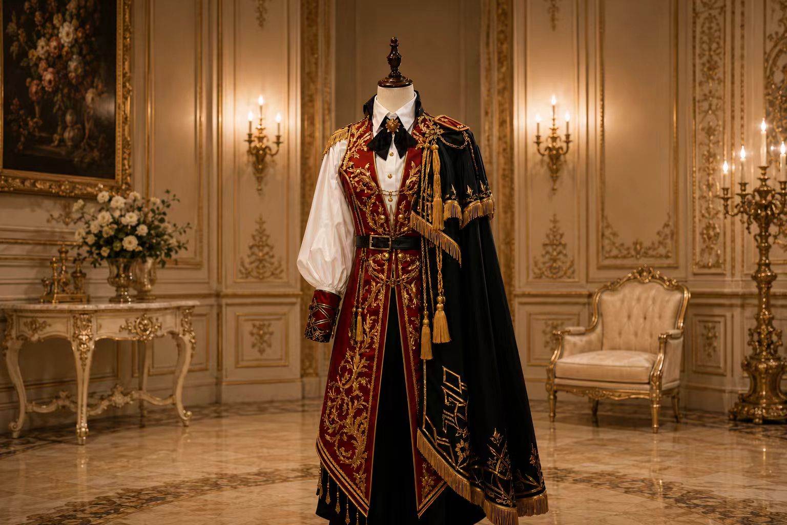 Red and black regal custom cosplay costume displayed in a baroque interior.
