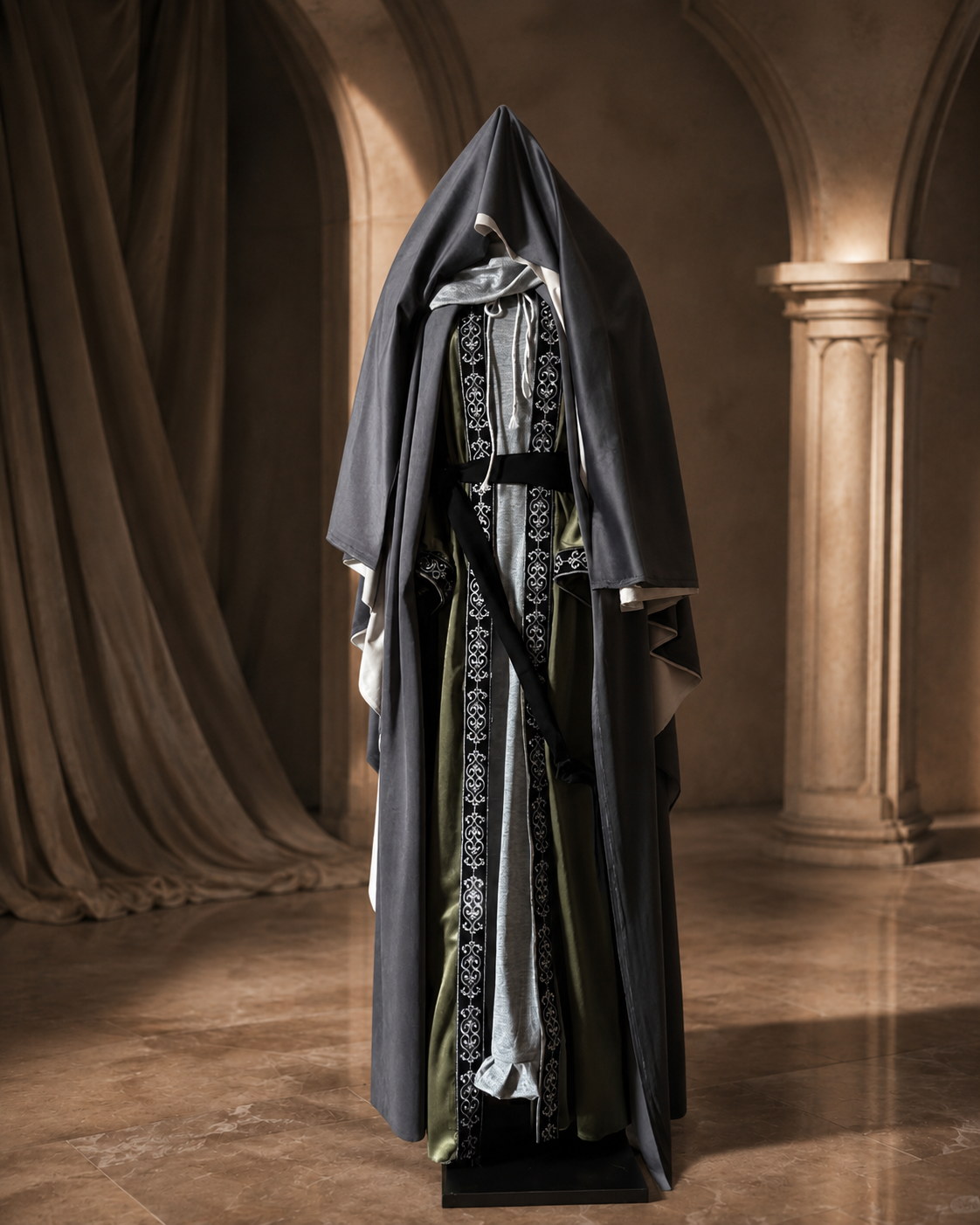 Dark Souls III Sister Friede cosplay set with hooded charcoal cloak, layered robe, black sash, and embroidered trim.