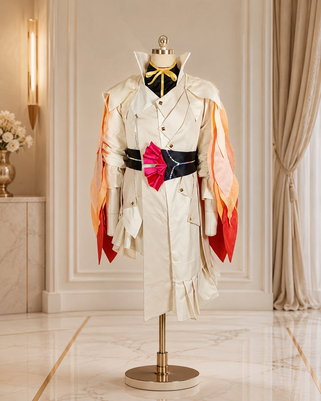 Full Squirrel Mandarin Fish cosplay set with cream robe, flame-petal cloak, black waist detail, and layered sleeves.