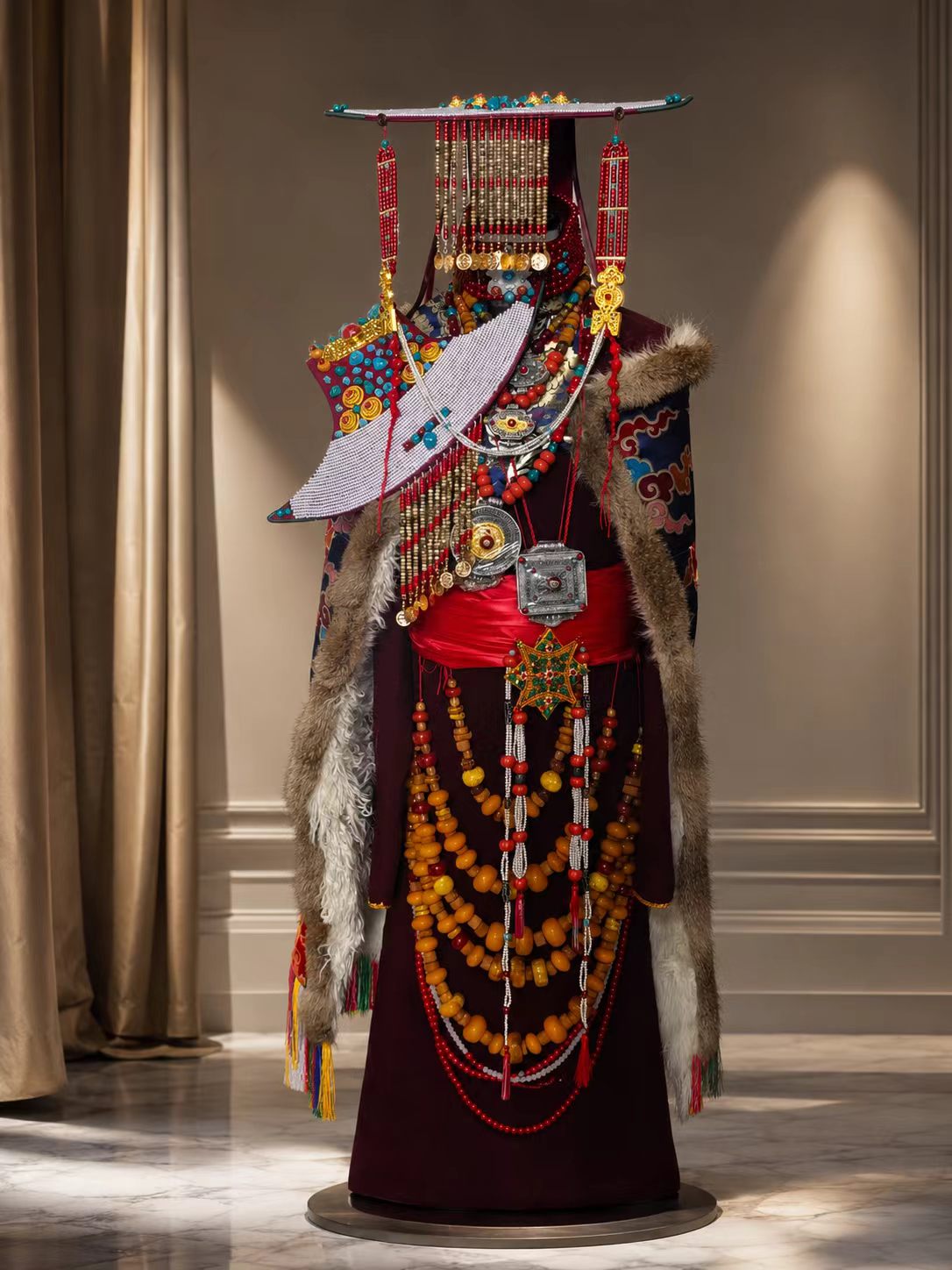 Tibetan Ngari Purang peacock costume full set with beaded headdress, turquoise-color ornaments, embroidered robe, cloak, accessories, and shoes.