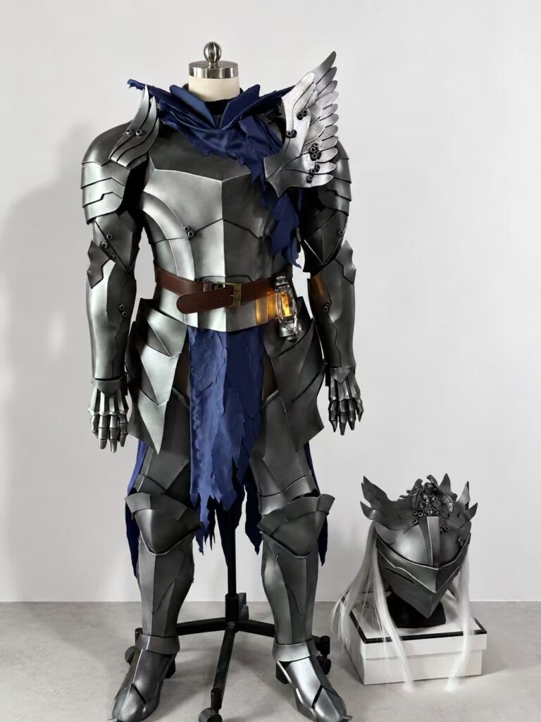 Full front view of The Last Knight silver-tone cosplay armor, blue fabric panels, armored footwear and separate crested helmet