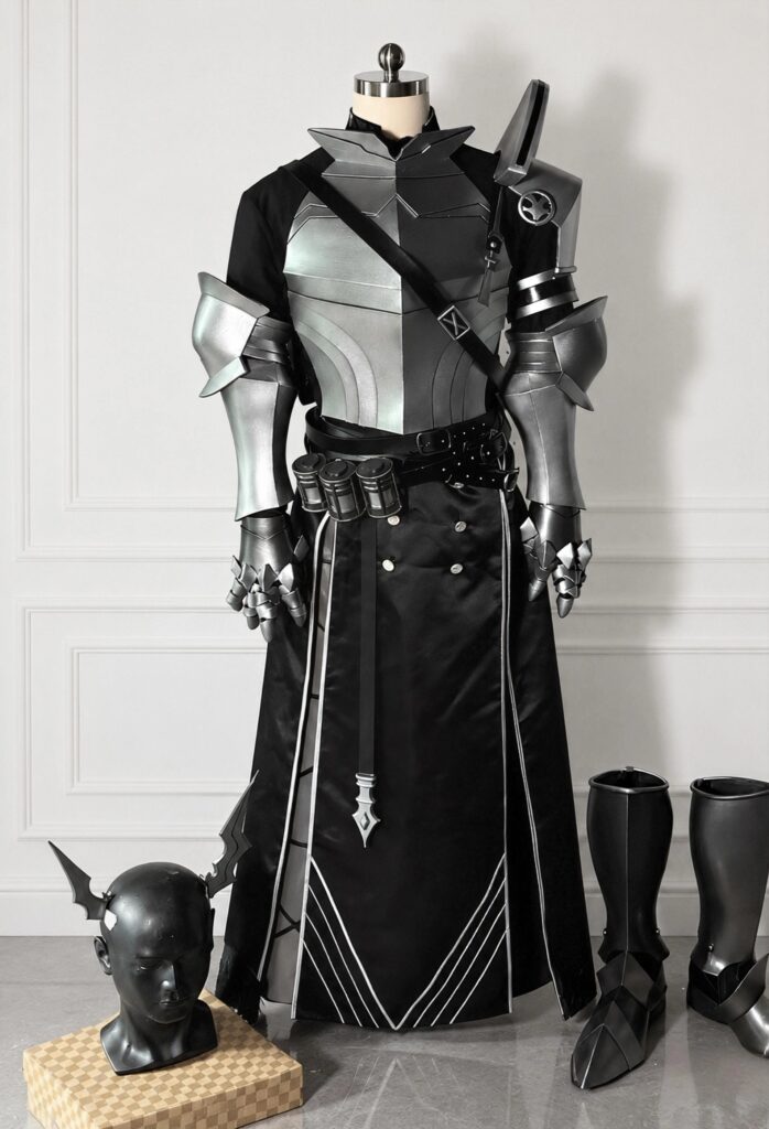 Arknights Theresis cosplay costume with silver-tone torso and arm armor, black long coat, and armored boots