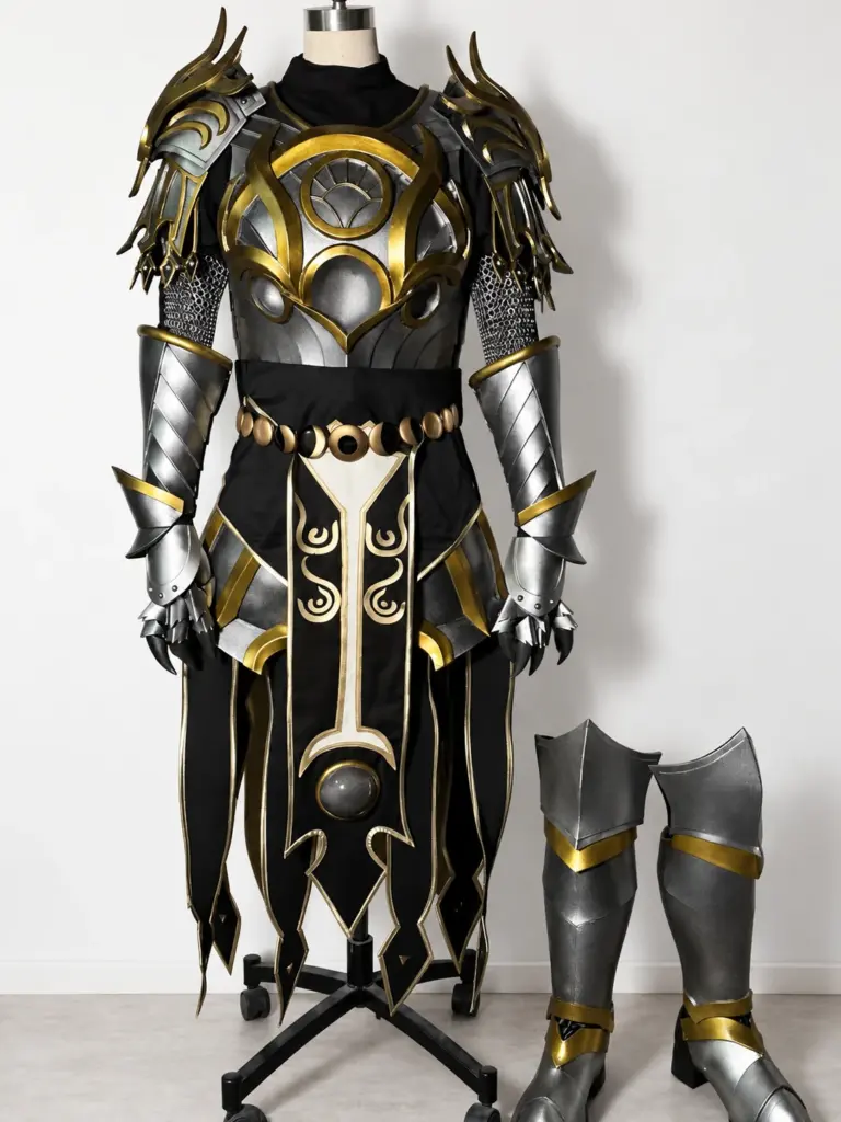Baldur's Gate 3 Shadowheart full set cosplay costume with silver and gold armor, gauntlets, and armored boots