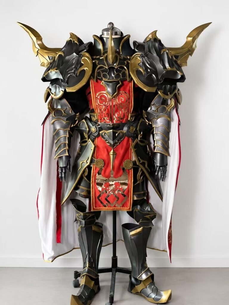 Front view of Crimson Sovereign Knight black and gold cosplay armor with red costume and cape