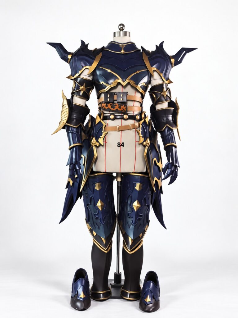 Full front view of navy, black and gold Estinien-inspired Dragoon armor with shoulder, chest, arm, waist and leg pieces
