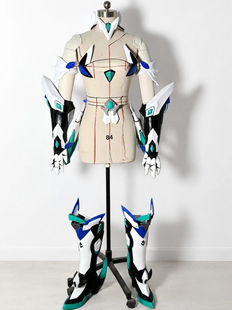 Honkai Impact 3rd Bronya custom cosplay armor, gauntlets, leg armor, boots, and double-ended weapon prop