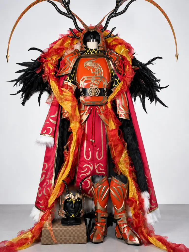 Library of Ruina Xiao fully manifested E.G.O. full set cosplay costume with red and gold armor, wings, horned helmet, and guan dao weapon