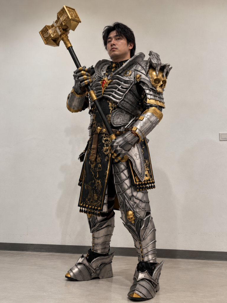 Full-body Ketheric Thorm cosplay armor with silver and gold skull details, black patterned underlayer and red chest stone