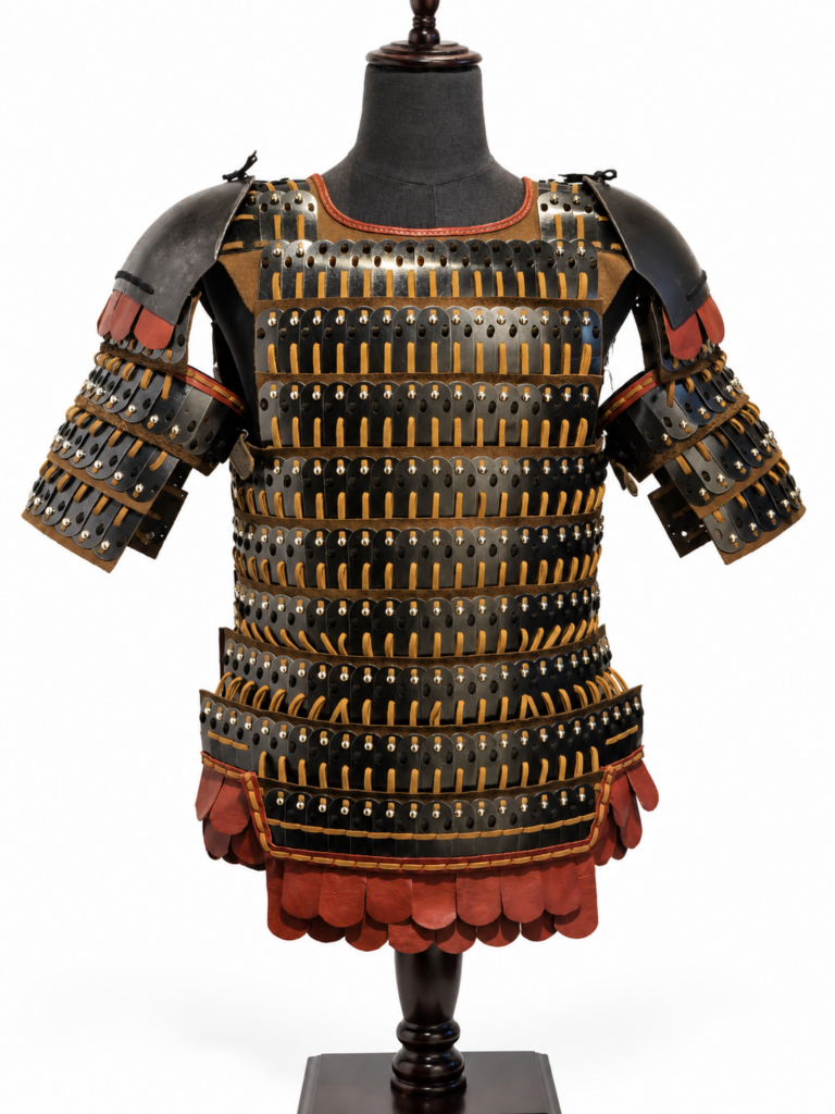 Front view of Byzantine-inspired lamellar cosplay armor with layered plates and shoulder guards