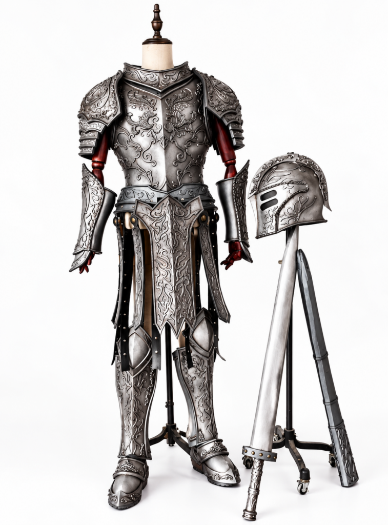 Full medieval-inspired knight cosplay armor with ornate silver-look plates and matching helmet