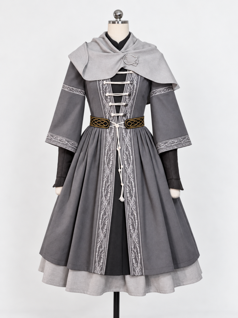 Front view of Elden Ring Melina cosplay dress with light capelet, embroidered belt and wrist guards