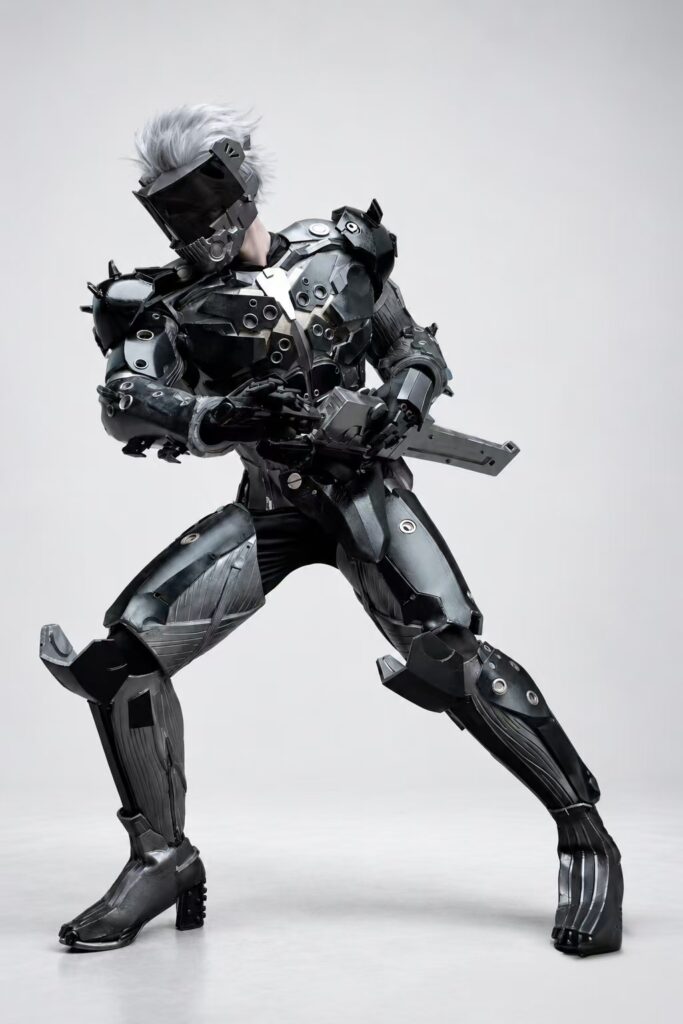 Full-body Raiden cosplay in handmade black EVA armor with visor, stealth suit and leg armor