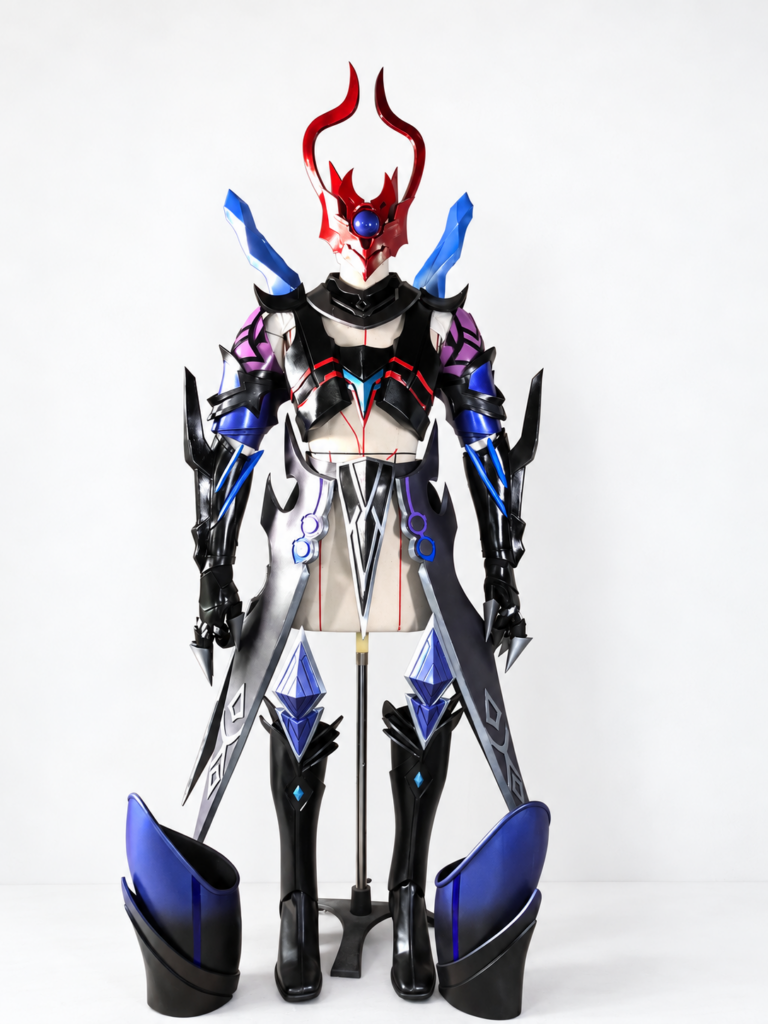 Front view of Tartaglia Childe Foul Legacy EVA cosplay armor with red horned mask and blue leg armor
