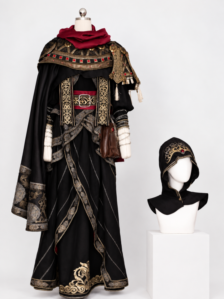 Front view of Sanguine Noble cosplay robe with ornate black and gold cape, crimson scarf and separate hood